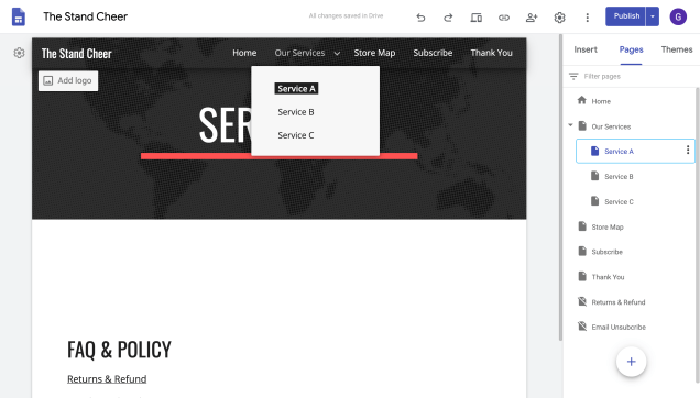 หน้าย่อยใน Google Site จะแสดงภายใต้หน้าหลักอีกที